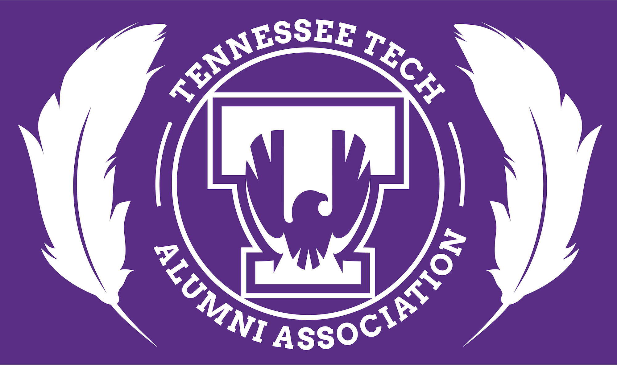 A purple background with a ӰƵ Alumni Association seal and two white feathers