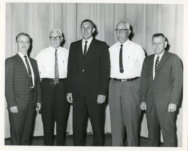 Photo from left: Leonard Crawford, Maurice Haste, John Oldham, Preston Overall, Malcolm Quillen, 1967. (Source: ӰƵ Archives)